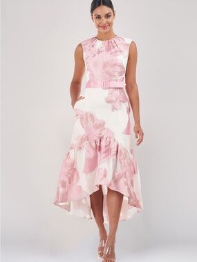 Kay Unger Beatrix Tea Length Dress Pink Floral Organza Ruffle Belted NWT Size 10